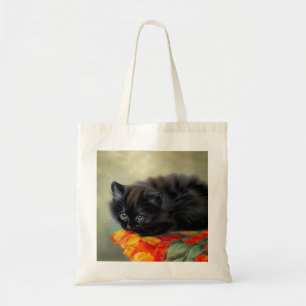 Vintage Black Kitten with Red Flower Blanket Tote Bag