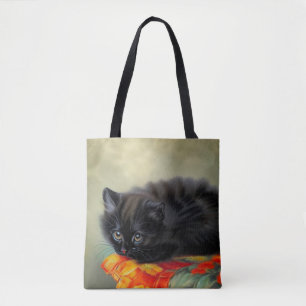 Vintage Black Kitten with Red Flower Blanket Tote Bag