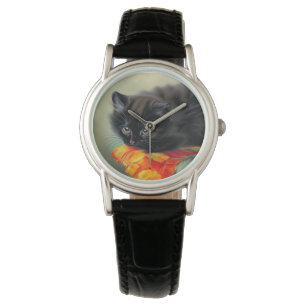 Vintage Black Kitten with Red Flower Blanket Watch