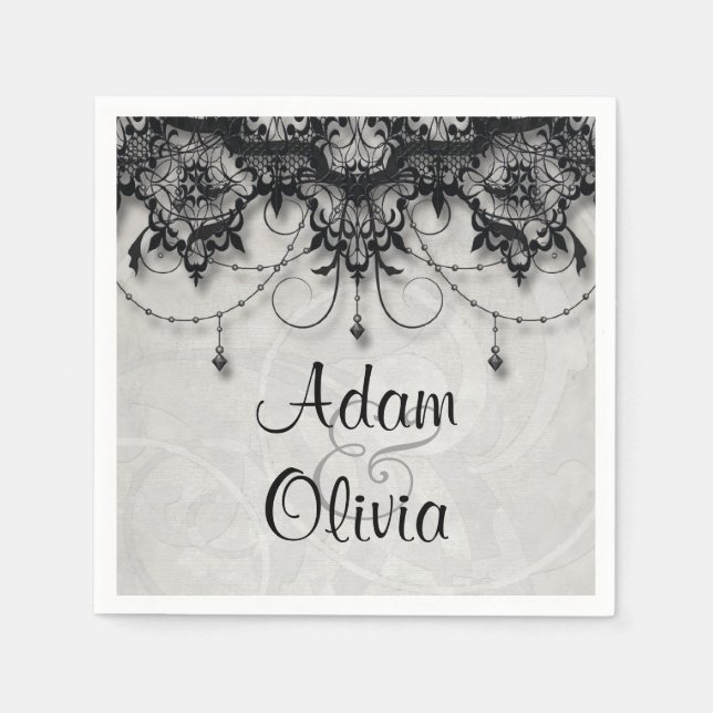 Vintage Black Lace Chandelier Monogram Wedding Napkin (Front)
