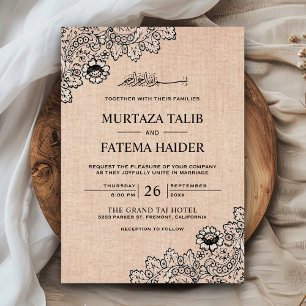 Vintage Black Lace Rustic Burlap Islamic Wedding Invitation