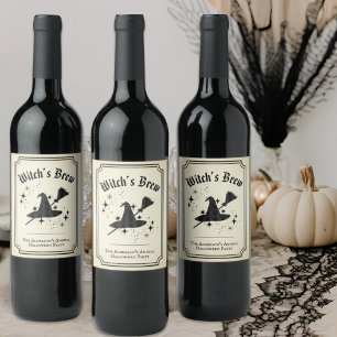 Vintage Black Lace Witchs Brew Hat Broom Halloween Wine Label