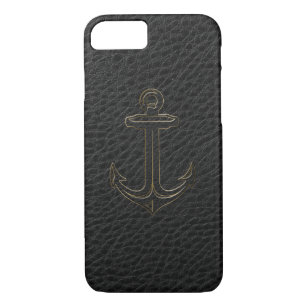 Vintage Black Leather, Nautical Anchor Gold Accent Case-Mate iPhone Case