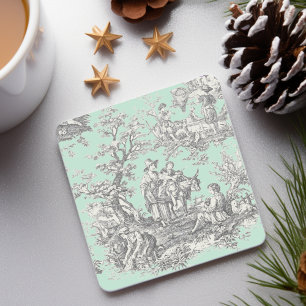 Vintage black mint toile de jouy pattern stone coaster