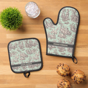 Vintage black mint toile de jouy printed oven mitt & pot holder set