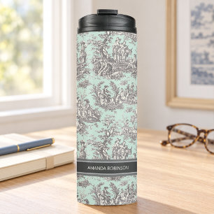 Vintage black mint toile de jouy printed thermal tumbler