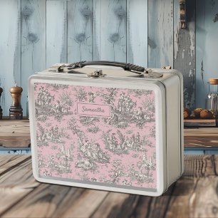 Vintage Black Pink Toile De Jouy French Scenic Metal Lunch Box