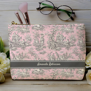 Vintage black pink toile de jouy printed accessory pouch