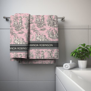 Vintage black pink toile de jouy printed bath towel set