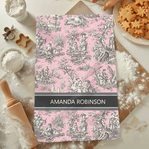 Vintage black pink toile de jouy printed tea towel