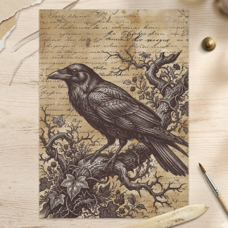 Vintage Black Raven Gothic Script Decoupage Tissue Paper