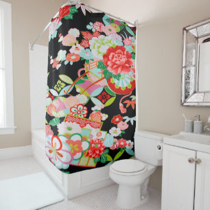 Vintage Black Red Japanese Kimono Floral Floral Shower Curtain