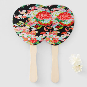 Vintage Black Red Japanese Kimono Floral Flower Hand Fan