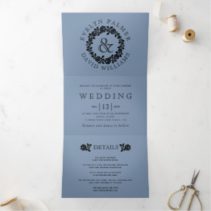 Vintage black rose wreath dusty blue wedding Tri-Fold invitation