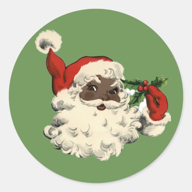Vintage Black Santa with Holly Classic Round Sticker (Front)