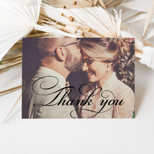 Vintage Black Script Wedding Photo Thank You Card