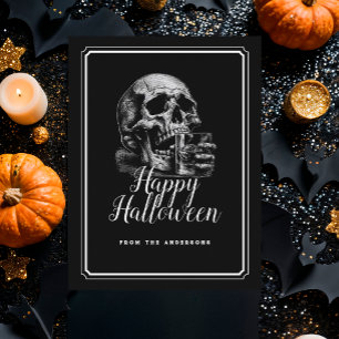 Vintage Black Skull Whiskey Cocktail Halloween Postcard