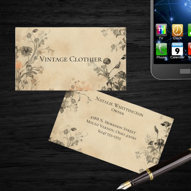 Vintage Black & Tan Floral  Business Card (Creator Uploaded)