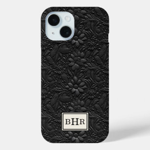 Vintage Black Tooled Leather Monogrammed iPhone 15 Case
