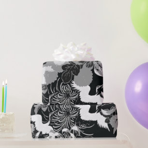 Vintage black, white and grey flowers and birds wrapping paper