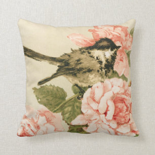 Vintage black white bird blush pink roses flowers cushion