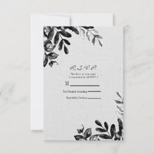 Vintage Black + White Botanical Leaves Wedding RSVP Card