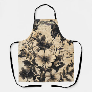Vintage Black White Butterfly Wildflower Parchment Apron