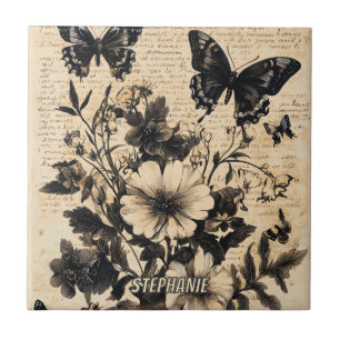 Vintage Black White Butterfly Wildflower Parchment Ceramic Tile