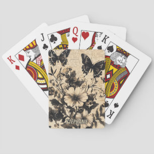 Vintage Black White Butterfly Wildflower Parchment Playing Cards