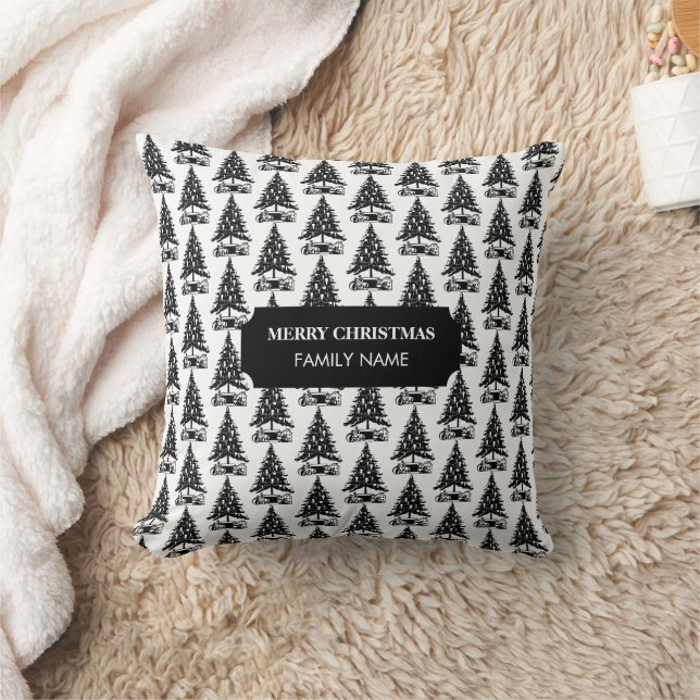 Vintage Black White Christmas Tree Custom Name Cushion (Blanket)