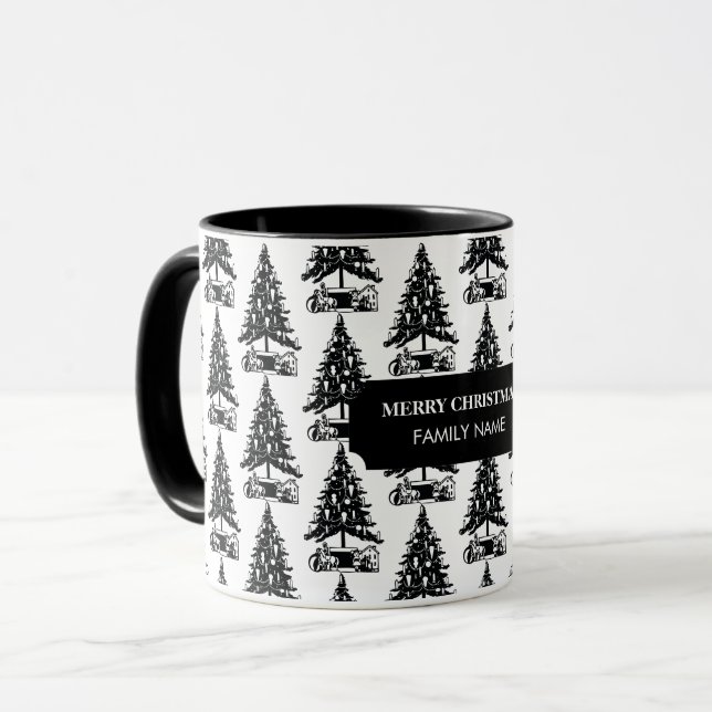 Vintage Black White Christmas Tree Custom Name  Mug (Front Left)
