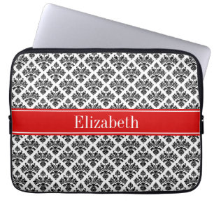 Vintage Black White Damask #3 Red Name Monogram Laptop Sleeve