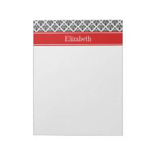 Vintage Black White Damask #3 Red Name Monogram Notepad
