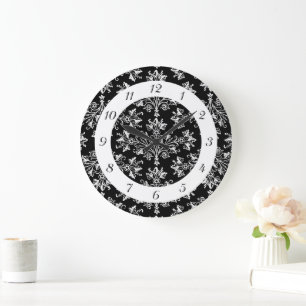 Vintage Black White Damask Pattern With Numbers Large Clock