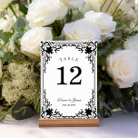 Vintage Black & White Elegant Monochrome Wedding Table Number<br><div class="desc">This black and white elegant wedding table number, with a vintage air, has a vintage frame with baroque decorations. The names are written in an elegant calligraphic script. The text and the antique frame are black, the background is white. The background with its elegant baroque decorations is from a vintage...</div>