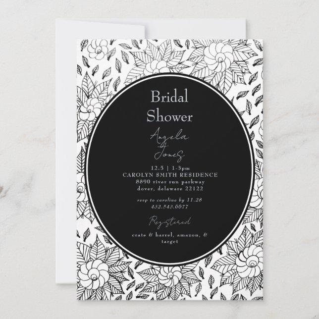 Vintage Black & White Floral Bridal Shower Invitation (Front)
