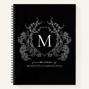 Vintage Black White Floral Crest Monogram Recipe Notebook