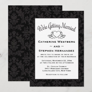 Vintage Black & White Floral Damask Heart Wedding Invitation
