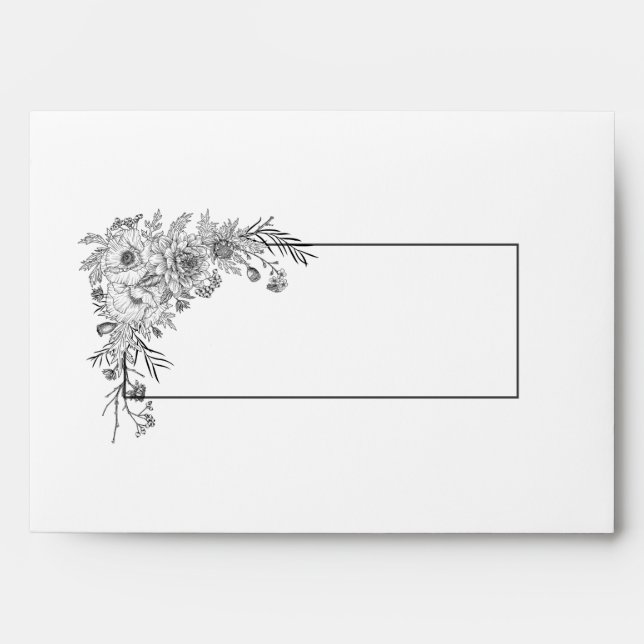 Vintage Black & White Floral Line Art Wedding Envelope (Front)