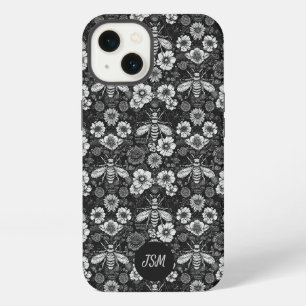 Vintage Black White Floral Pattern Bees Initials iPhone 13 Case