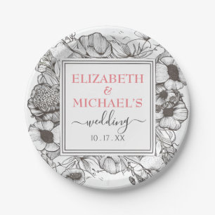 Vintage Black White Floral Wedding Square Frame Paper Plate