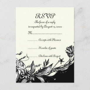 Vintage black white flowers ivory floral RSVP card