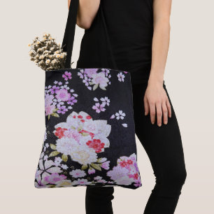 Vintage Black White Japanese Kimono Floral Flower Tote Bag