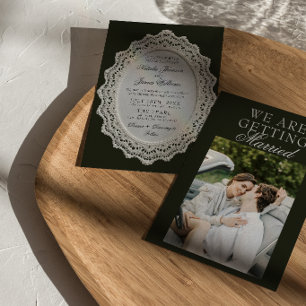 Vintage Black & White Lace Old Money Photo Wedding Invitation