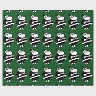 Vintage Black & White Laughing Santa On Green Wrapping Paper