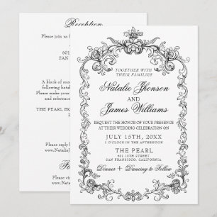 Vintage Black White Old Money All In One Wedding Invitation