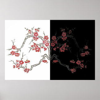Vintage Black White Pink Cherry Blossom Art Poster