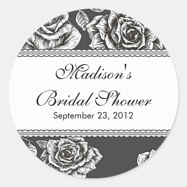 Vintage Black White Rose Bridal Shower Sticker (Front)