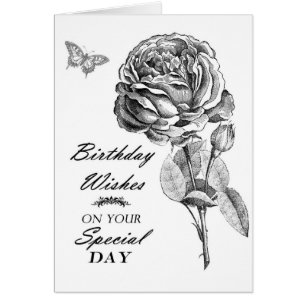 Vintage black white roses birthday wish typography