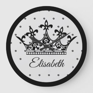 Vintage Black & White Royal Floral Crown Queen Large Clock